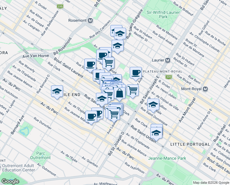 map of restaurants, bars, coffee shops, grocery stores, and more near 5198 Rue Saint-Dominique in Montréal