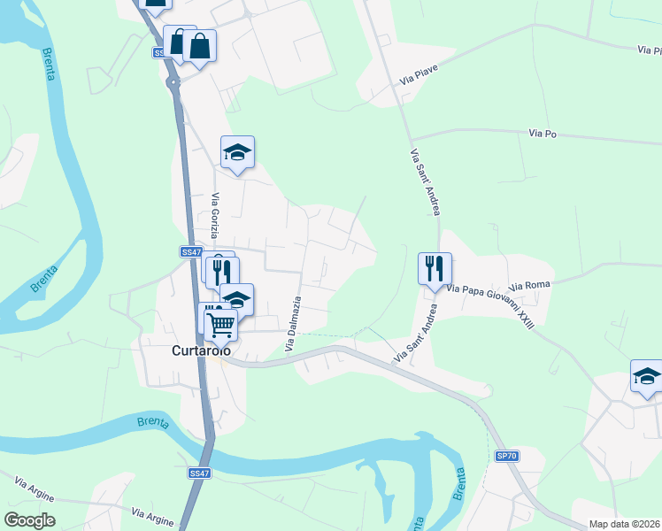 map of restaurants, bars, coffee shops, grocery stores, and more near 9 Via Casalin in Curtarolo