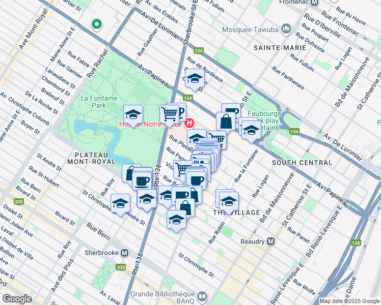 map of restaurants, bars, coffee shops, grocery stores, and more near 2140 Rue Plessis in Montréal