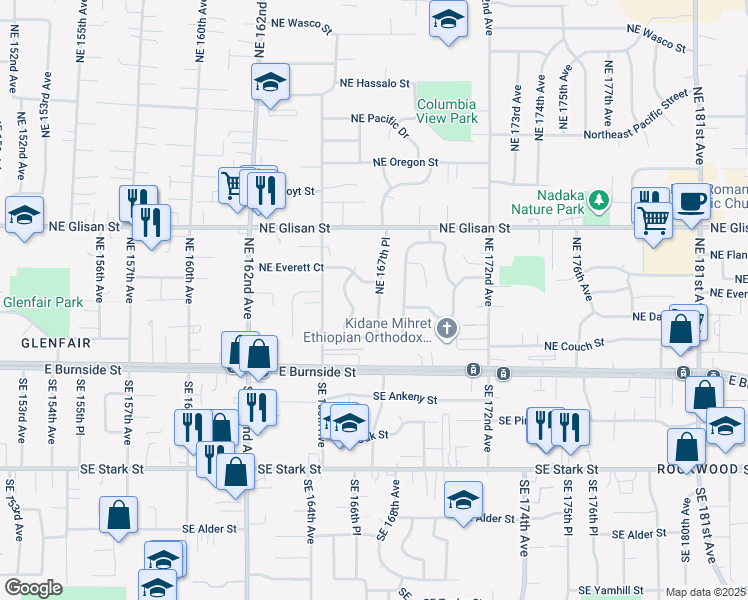 map of restaurants, bars, coffee shops, grocery stores, and more near 151 Northeast 167th Place in Portland