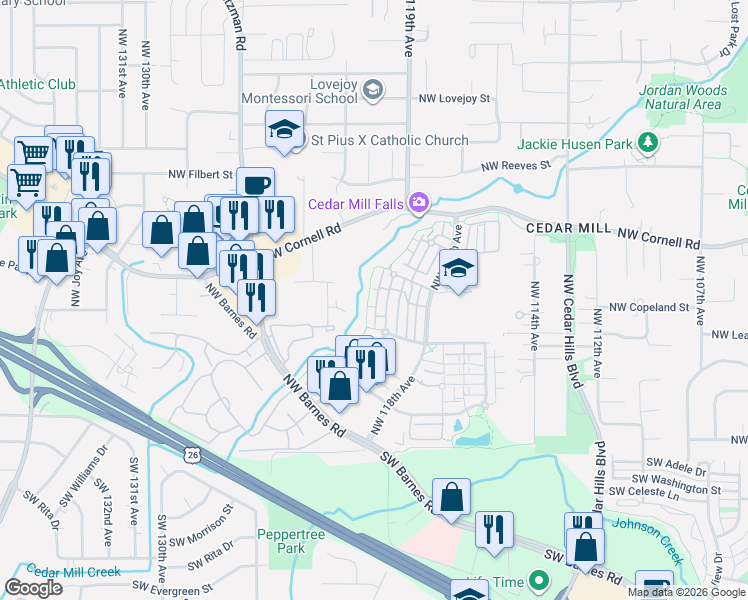 map of restaurants, bars, coffee shops, grocery stores, and more near 580 Northwest Lost Springs Terrace in Portland