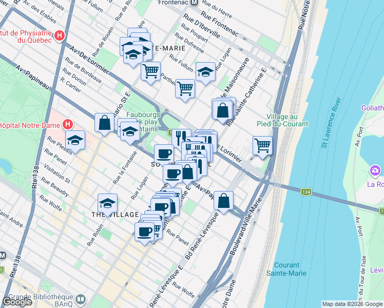 map of restaurants, bars, coffee shops, grocery stores, and more near 1469 Rue Dorion in Montréal