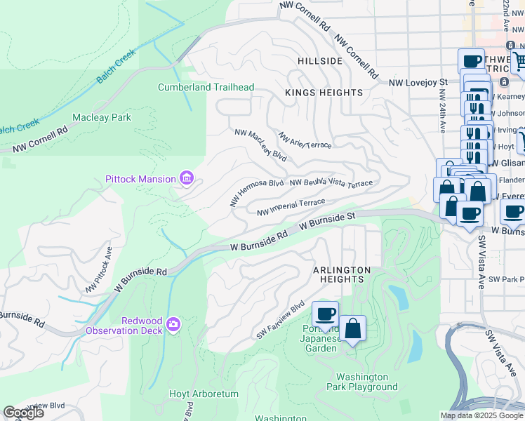 map of restaurants, bars, coffee shops, grocery stores, and more near 2953 Northwest Imperial Terrace in Portland