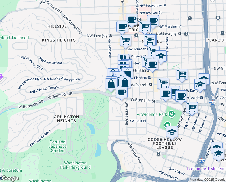 map of restaurants, bars, coffee shops, grocery stores, and more near 2361 Northwest Westover Road in Portland