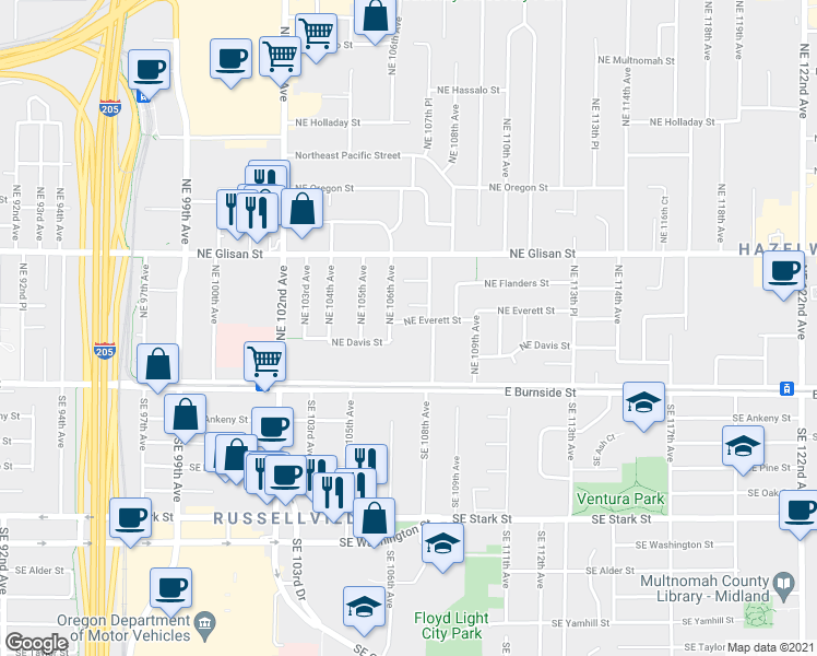 map of restaurants, bars, coffee shops, grocery stores, and more near 10632 Northeast Everett Street in Portland