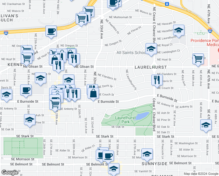 map of restaurants, bars, coffee shops, grocery stores, and more near 3332 Northeast Flanders Street in Portland