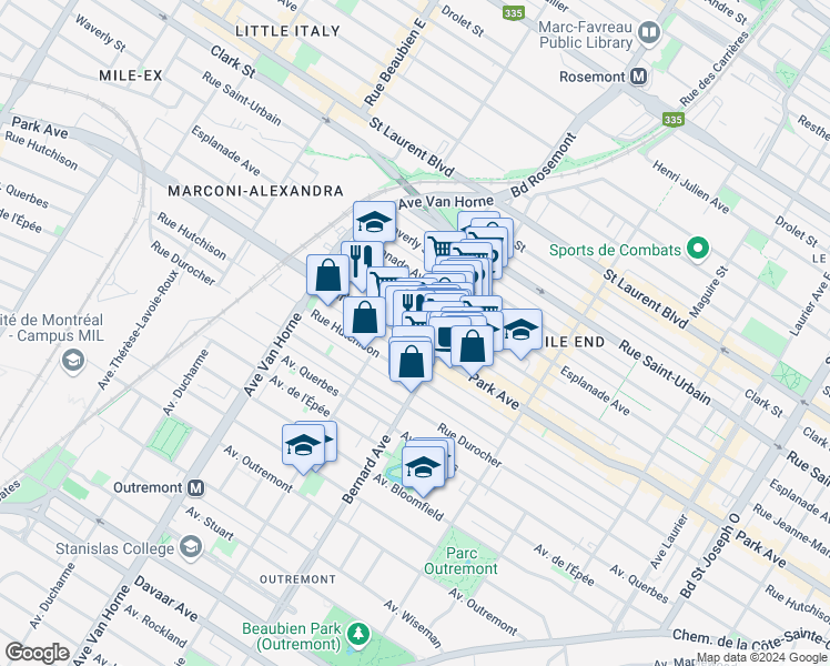map of restaurants, bars, coffee shops, grocery stores, and more near 5857 Avenue du Parc in Montréal