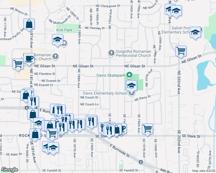 map of restaurants, bars, coffee shops, grocery stores, and more near 217 Northeast 192nd Avenue in Portland