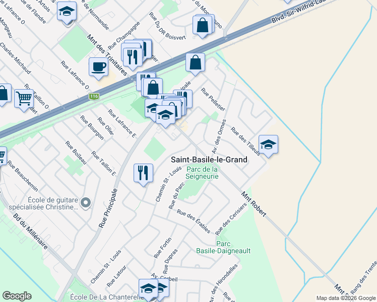 map of restaurants, bars, coffee shops, grocery stores, and more near 6 Rue des Pins in Saint-Basile-le-Grand