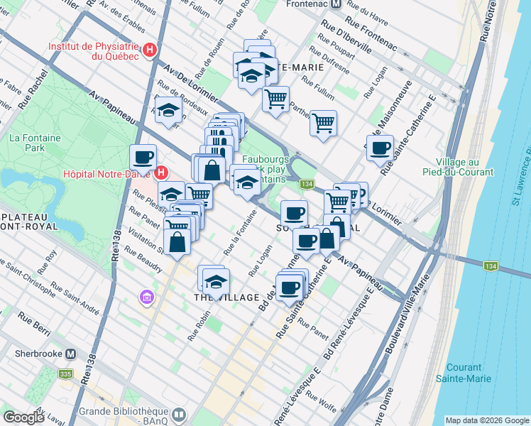 map of restaurants, bars, coffee shops, grocery stores, and more near 1740 Avenue Papineau in Montréal