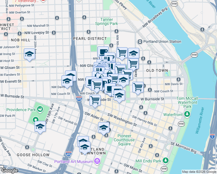 map of restaurants, bars, coffee shops, grocery stores, and more near 1122 Northwest Everett Street in Portland