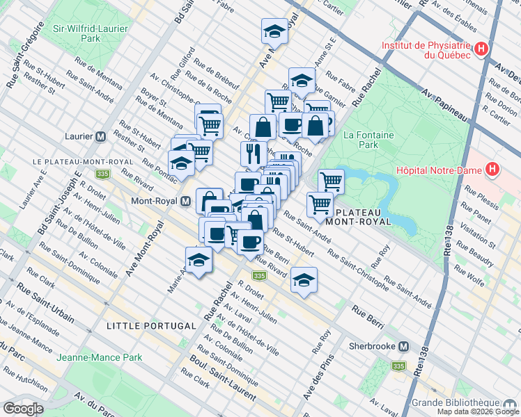 map of restaurants, bars, coffee shops, grocery stores, and more near 4242 Rue Saint-Christophe in Montréal