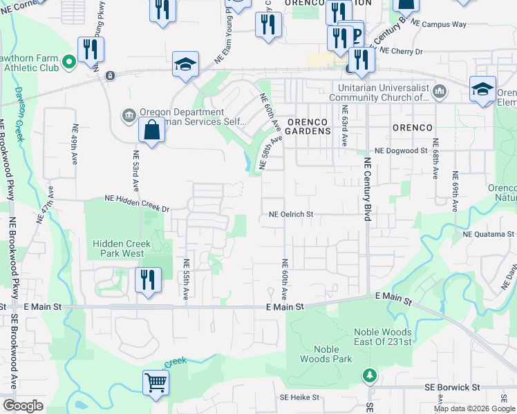map of restaurants, bars, coffee shops, grocery stores, and more near 475 Northeast 58th Avenue in Hillsboro