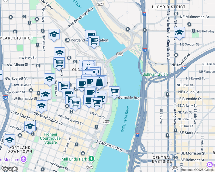 map of restaurants, bars, coffee shops, grocery stores, and more near 60 Northwest Davis Street in Portland