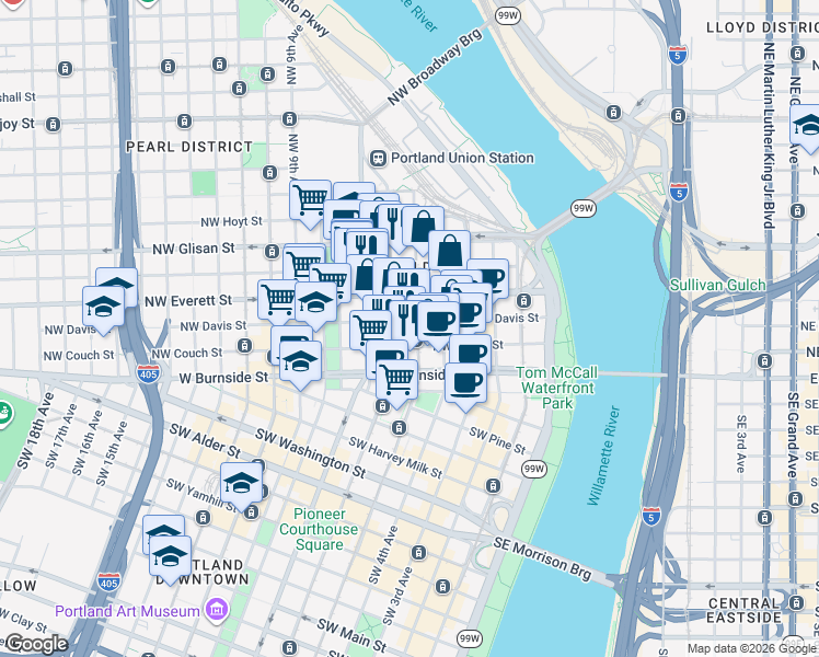 map of restaurants, bars, coffee shops, grocery stores, and more near 125 Northwest 5th Avenue in Portland