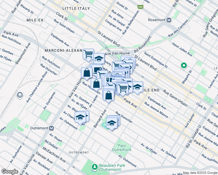 map of restaurants, bars, coffee shops, grocery stores, and more near 5861 Avenue du Parc in Montréal