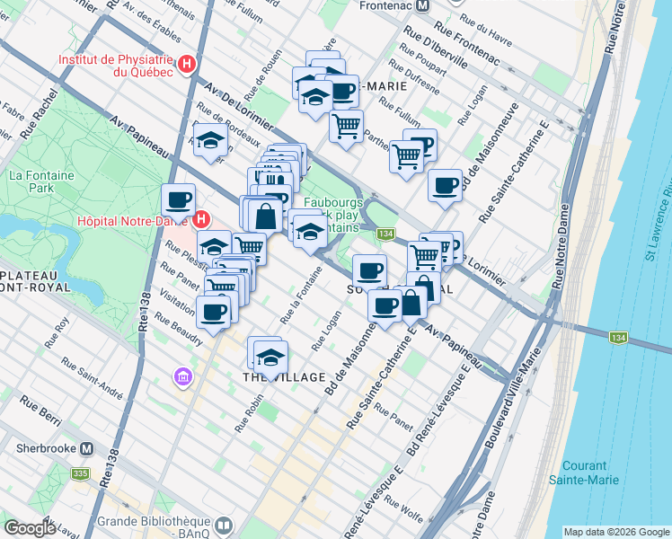 map of restaurants, bars, coffee shops, grocery stores, and more near 1740 Avenue Papineau in Montreal