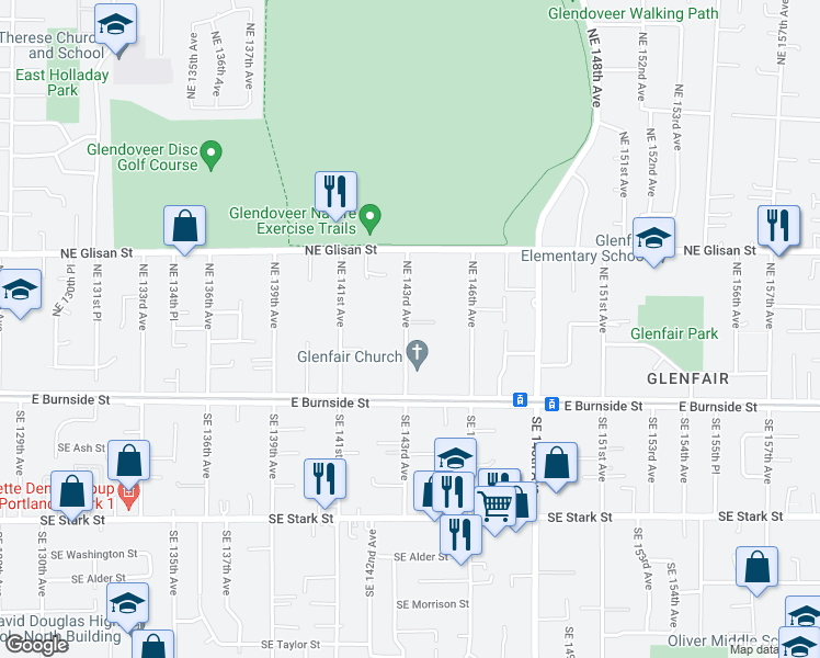 map of restaurants, bars, coffee shops, grocery stores, and more near 228 Northeast 143rd Avenue in Portland