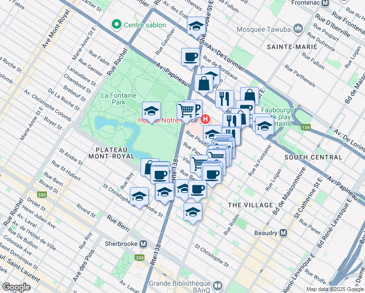 map of restaurants, bars, coffee shops, grocery stores, and more near 1336 Rue Sherbrooke Est in Montréal