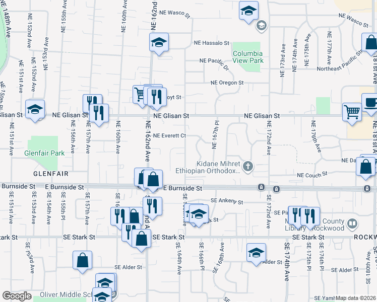 map of restaurants, bars, coffee shops, grocery stores, and more near 16510 Northeast Everett Court in Portland