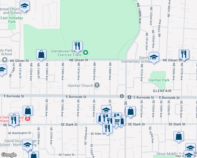 map of restaurants, bars, coffee shops, grocery stores, and more near 306 Northeast 143rd Avenue in Portland