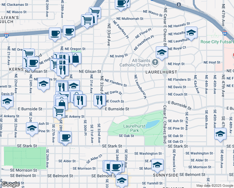 map of restaurants, bars, coffee shops, grocery stores, and more near 3332 Northeast Flanders Street in Portland