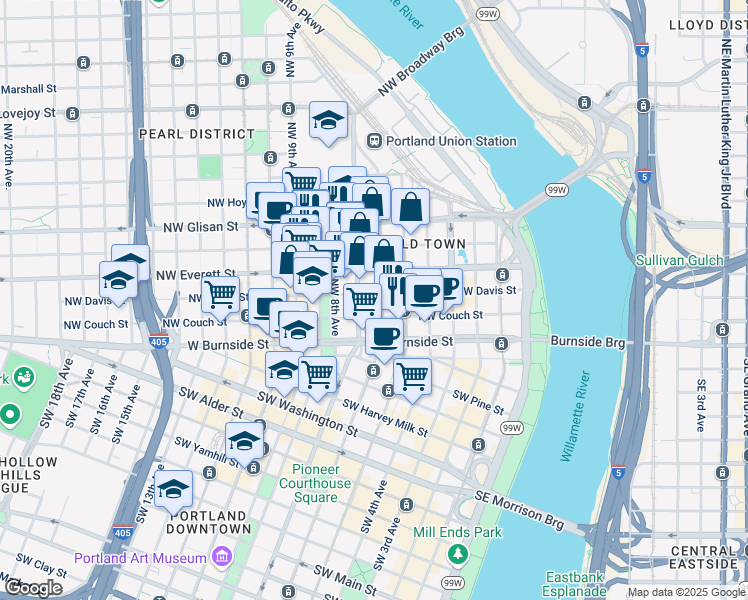 map of restaurants, bars, coffee shops, grocery stores, and more near 700 Northwest Everett Street in Portland