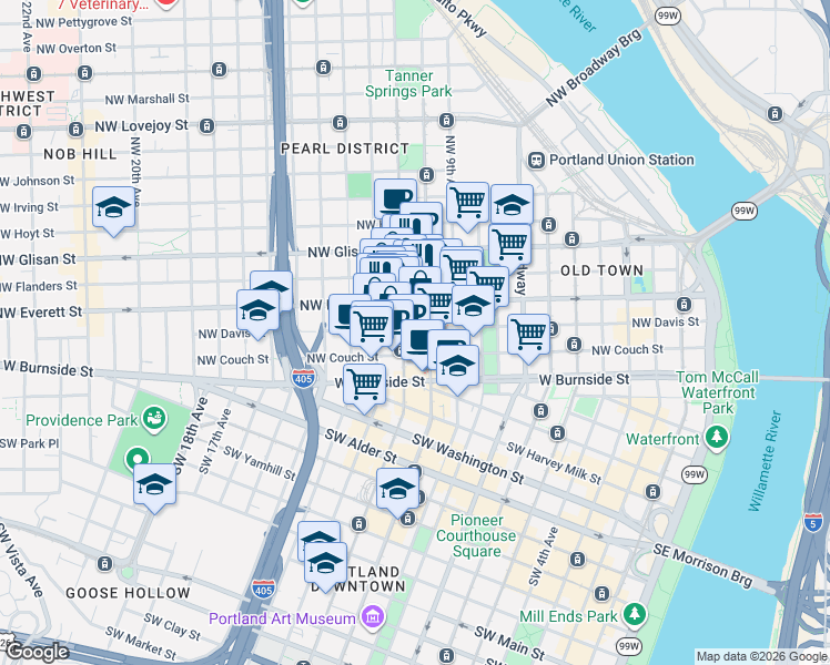 map of restaurants, bars, coffee shops, grocery stores, and more near 1122 Northwest Everett Street in Portland