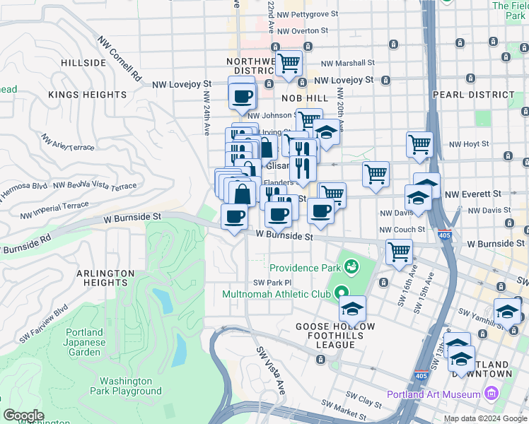 map of restaurants, bars, coffee shops, grocery stores, and more near 2229 Northwest Everett Street in Portland