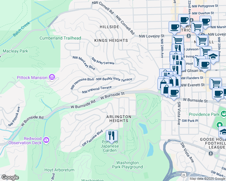 map of restaurants, bars, coffee shops, grocery stores, and more near 2730 Northwest Calumet Terrace in Portland