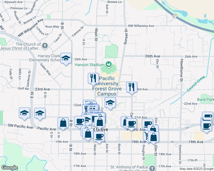 map of restaurants, bars, coffee shops, grocery stores, and more near 2345 Main Street in Forest Grove