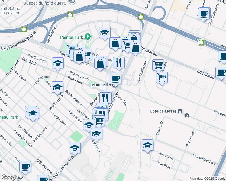 map of restaurants, bars, coffee shops, grocery stores, and more near 249 Boulevard de la Côte Vertu in Montréal