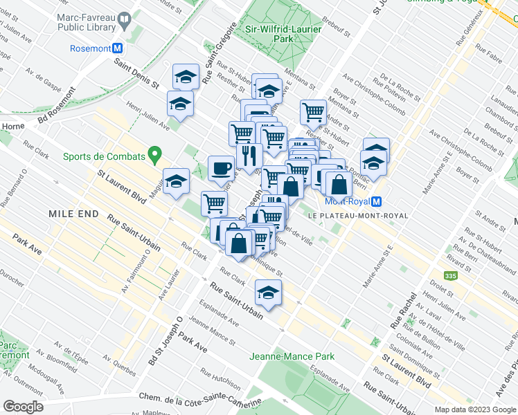 map of restaurants, bars, coffee shops, grocery stores, and more near 4907 Avenue de l'Hôtel-de-Ville in Montréal