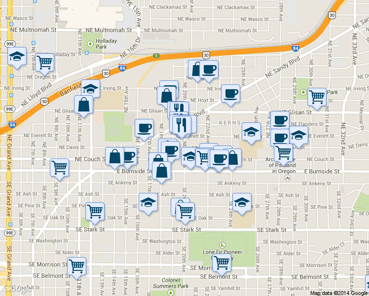 map of restaurants, bars, coffee shops, grocery stores, and more near Northeast Davis Street & Northeast 20th Avenue in Portland