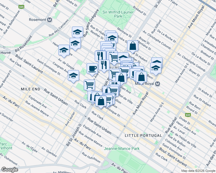 map of restaurants, bars, coffee shops, grocery stores, and more near 4917 Avenue de l'Hôtel-de-Ville in Montréal