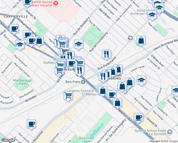 map of restaurants, bars, coffee shops, grocery stores, and more near 11760 Rue Ranger in Montréal
