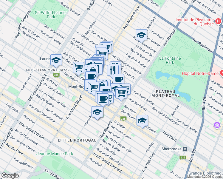 map of restaurants, bars, coffee shops, grocery stores, and more near 4322 Rue Saint-Hubert in Montréal
