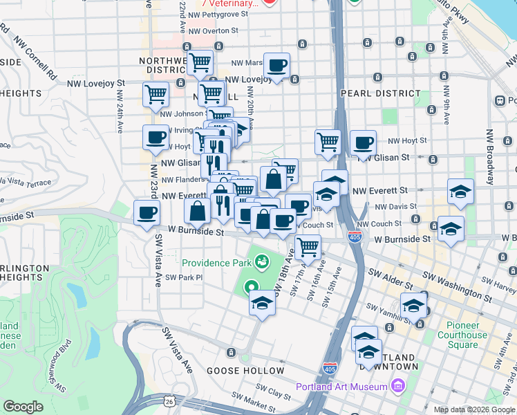 map of restaurants, bars, coffee shops, grocery stores, and more near 202 Northwest 20th Avenue in Portland