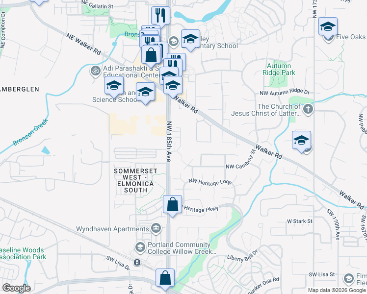 map of restaurants, bars, coffee shops, grocery stores, and more near 740 Northwest 185th Avenue in Beaverton