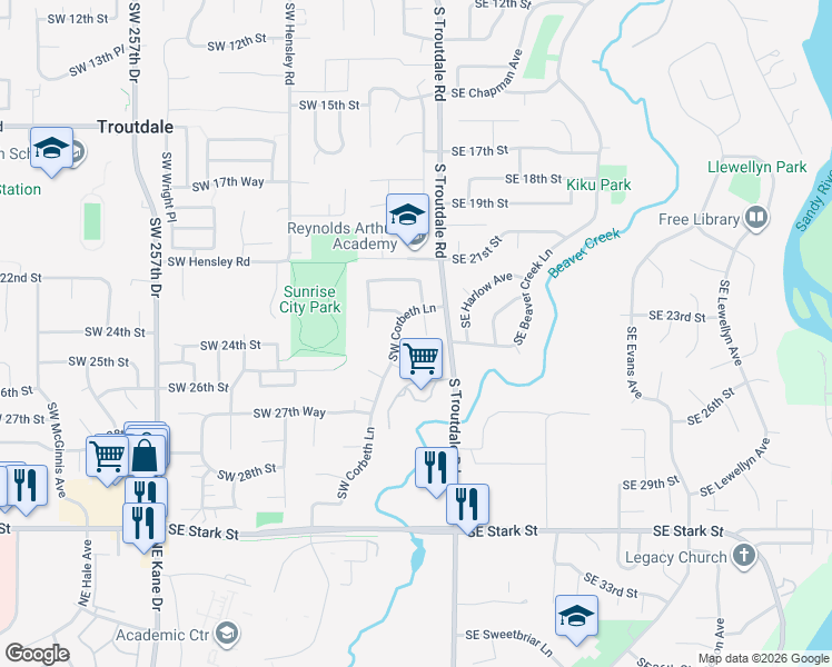 map of restaurants, bars, coffee shops, grocery stores, and more near 2331 Southwest Spence Court in Troutdale