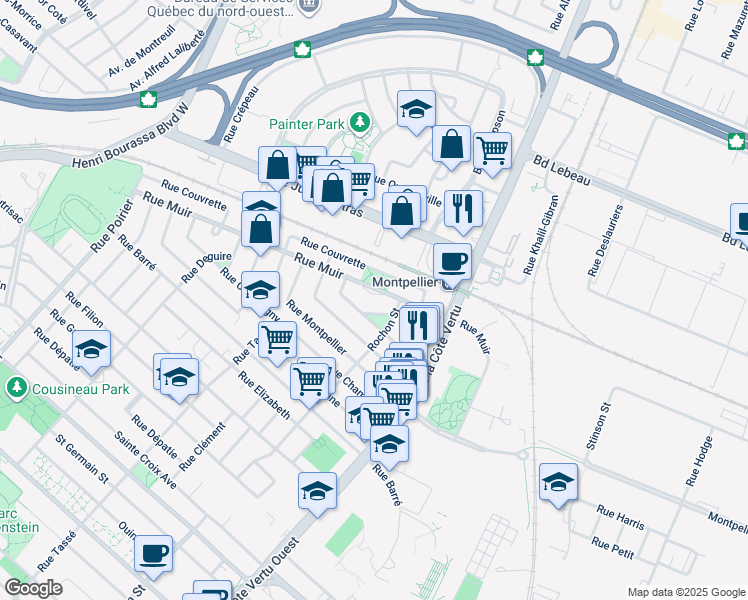 map of restaurants, bars, coffee shops, grocery stores, and more near 1230 Rue Muir in Montréal