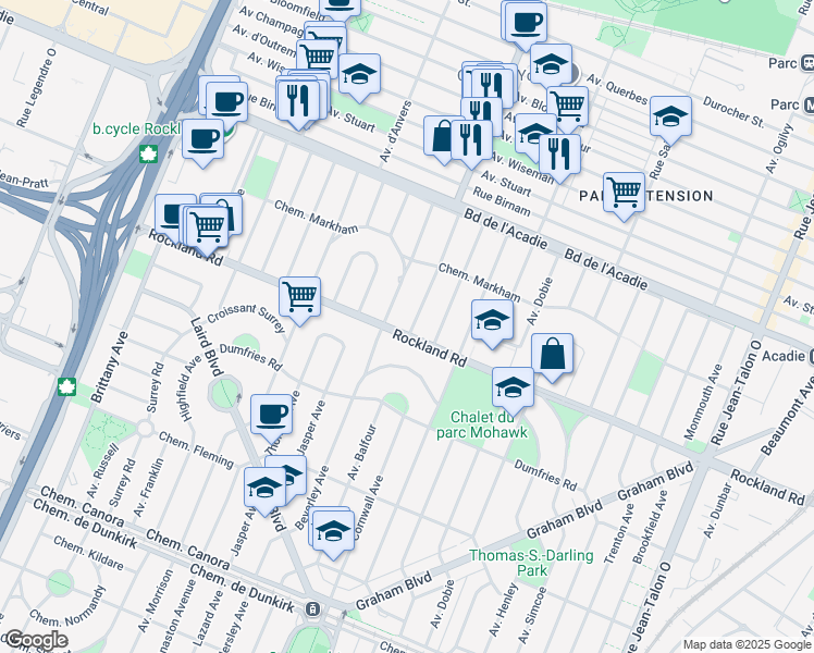 map of restaurants, bars, coffee shops, grocery stores, and more near 305 Leacross Avenue in Mount Royal