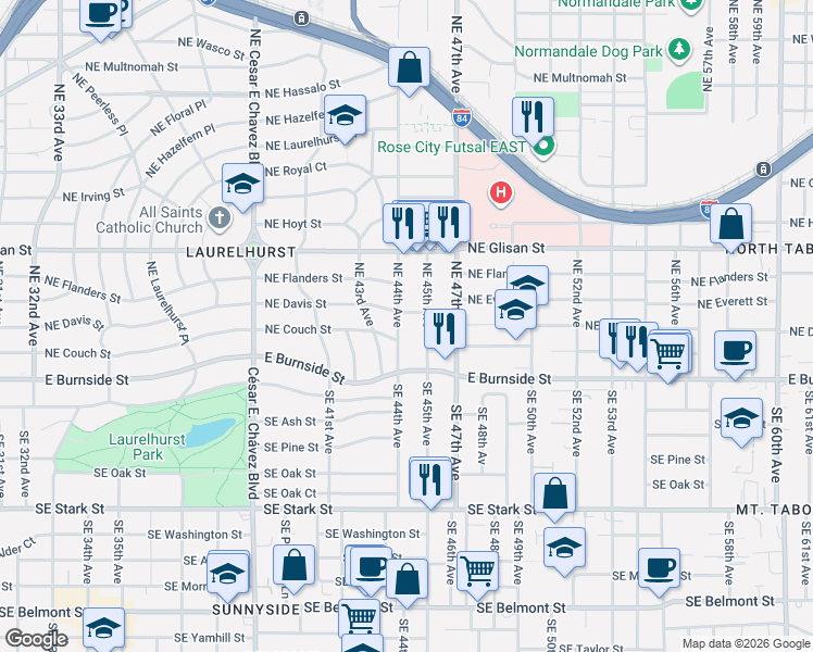 map of restaurants, bars, coffee shops, grocery stores, and more near 122 Northeast 44th Avenue in Portland