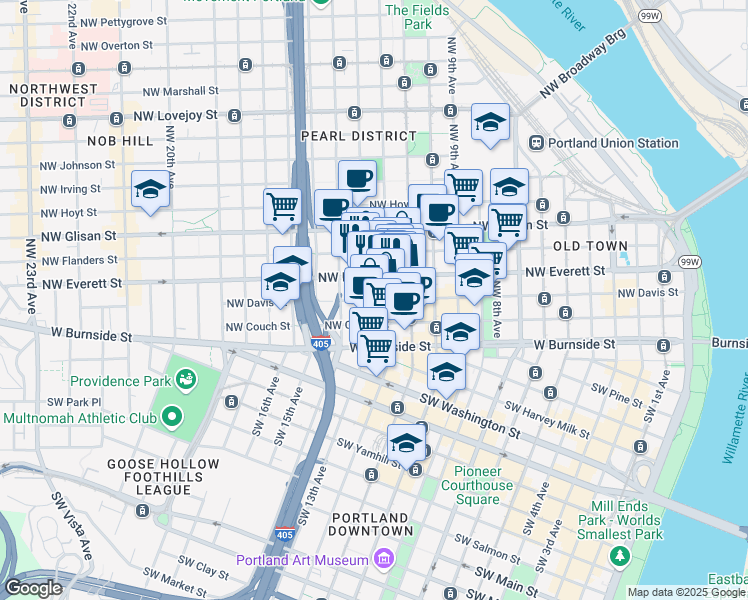 map of restaurants, bars, coffee shops, grocery stores, and more near 1220 Northwest Davis Street in Portland