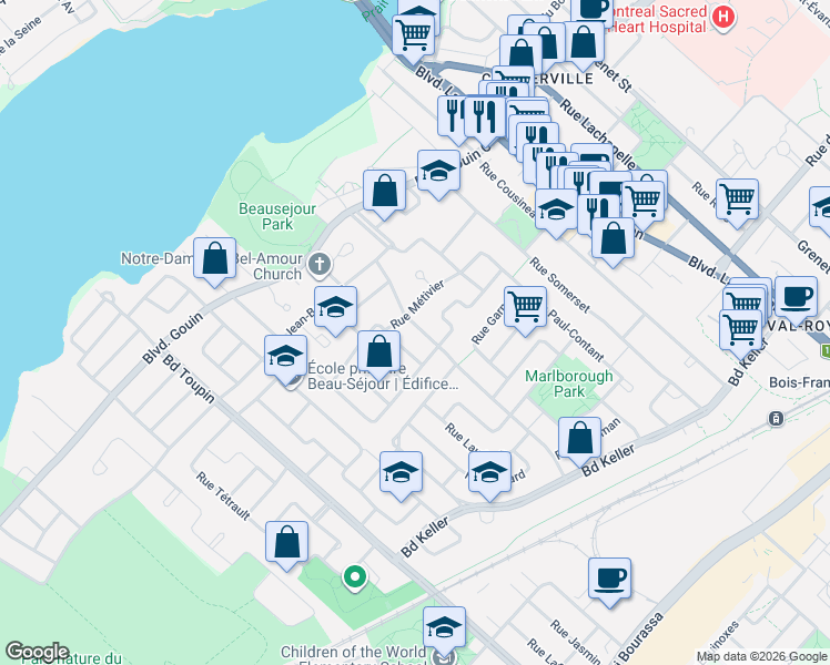 map of restaurants, bars, coffee shops, grocery stores, and more near 12052 Avenue Jean Bouillet in Montréal