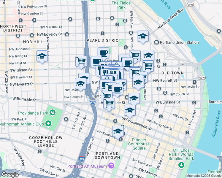 map of restaurants, bars, coffee shops, grocery stores, and more near 1220 Northwest Davis Street in Portland