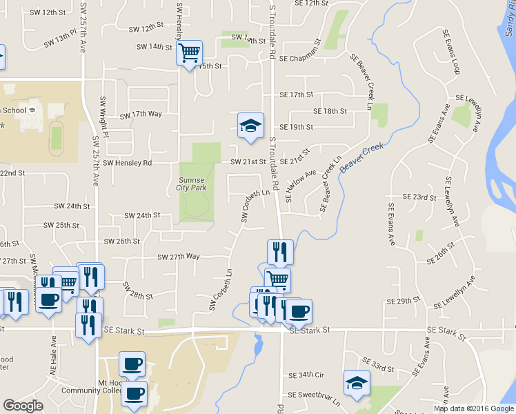 map of restaurants, bars, coffee shops, grocery stores, and more near 2331 Southwest Spence Court in Troutdale