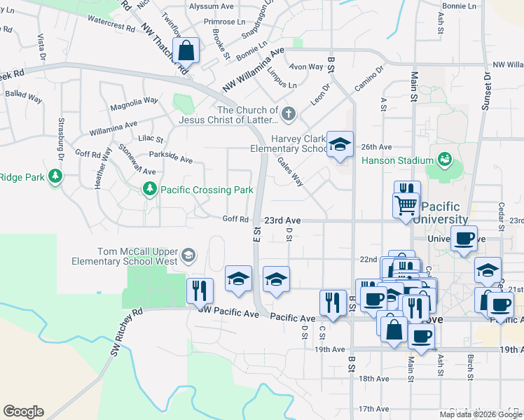 map of restaurants, bars, coffee shops, grocery stores, and more near 1509 23rd Avenue in Forest Grove