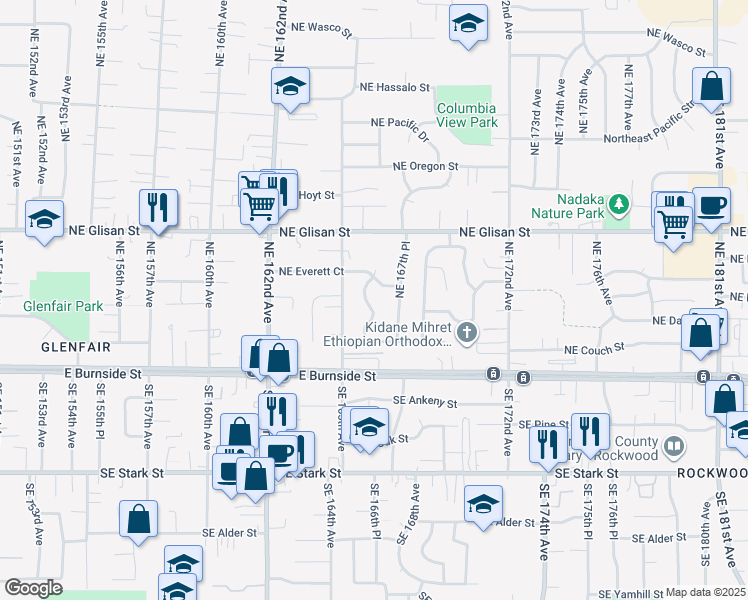 map of restaurants, bars, coffee shops, grocery stores, and more near 16625 Northeast Everett Court in Portland