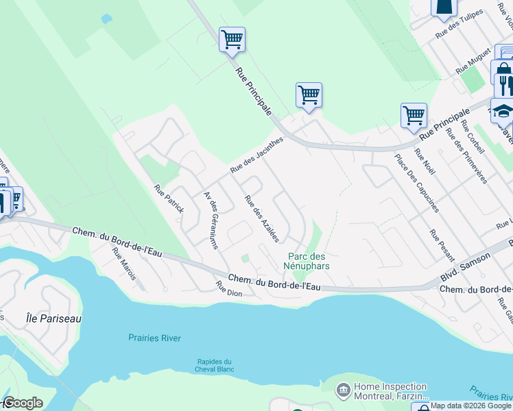 map of restaurants, bars, coffee shops, grocery stores, and more near 1215 Rue des Azalées in Laval